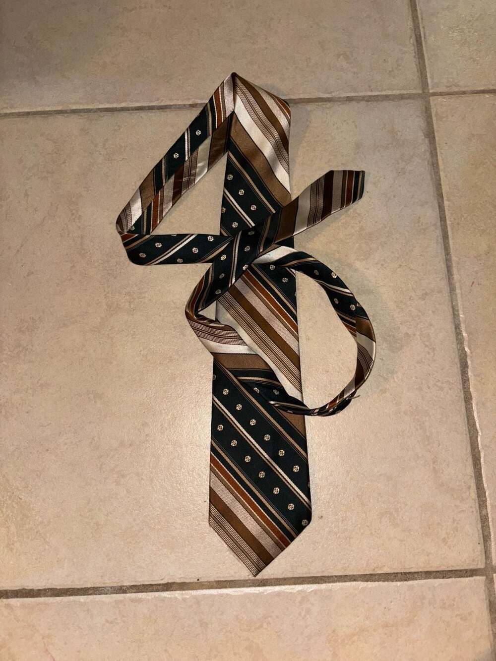 Vintage Oleg Cassini for Kennedy's Striped Silk Tie Brown Green Medallion
